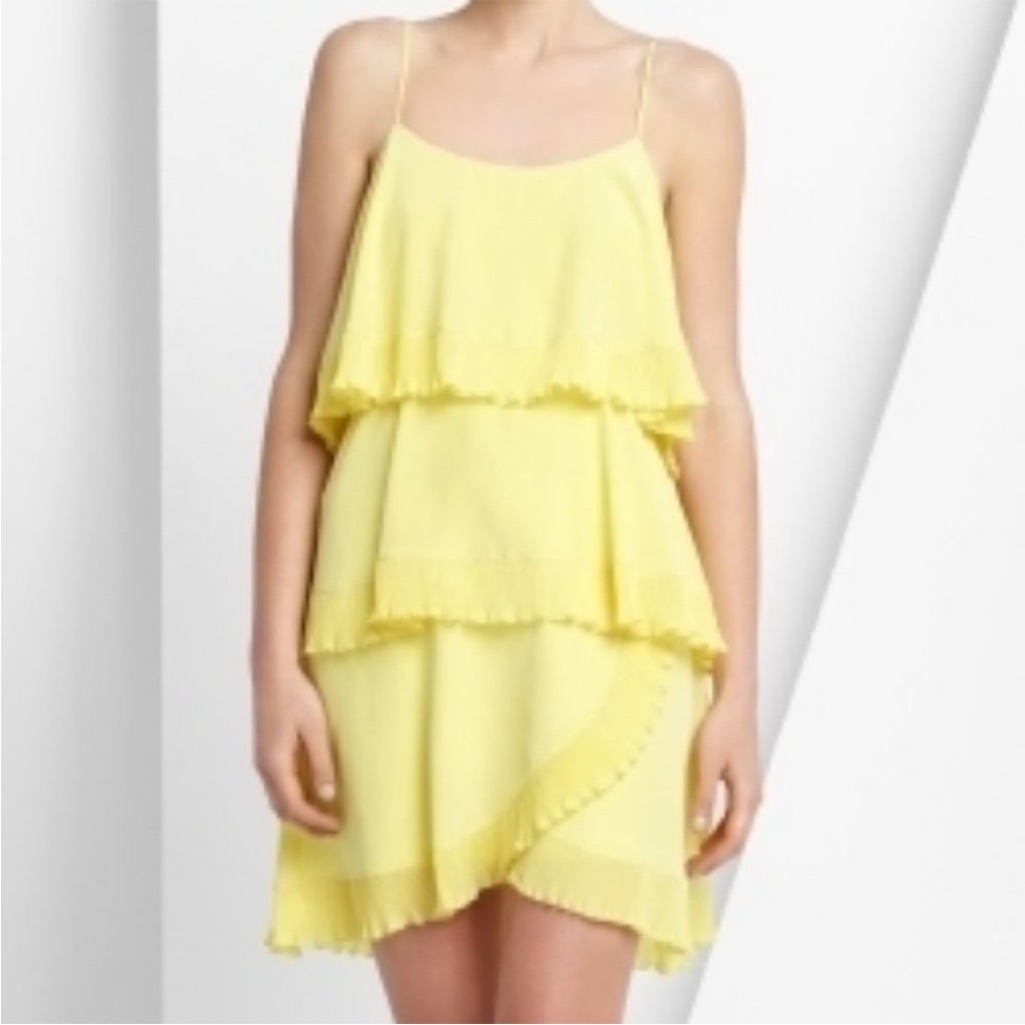 Bcbg Tiered Dress With Pleated Trim In Lime Yellow